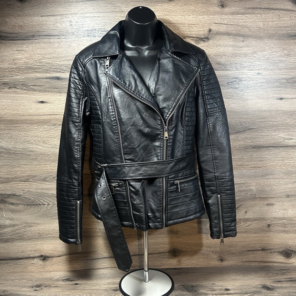 Bellivera‎ Jacket Womens M Black Faux Leather Cropped Biker Motorcycle